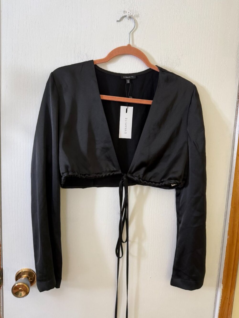 NWT Dynamite Satin Black Wraparound Tie Blouse Size M - Picture 3 of 4